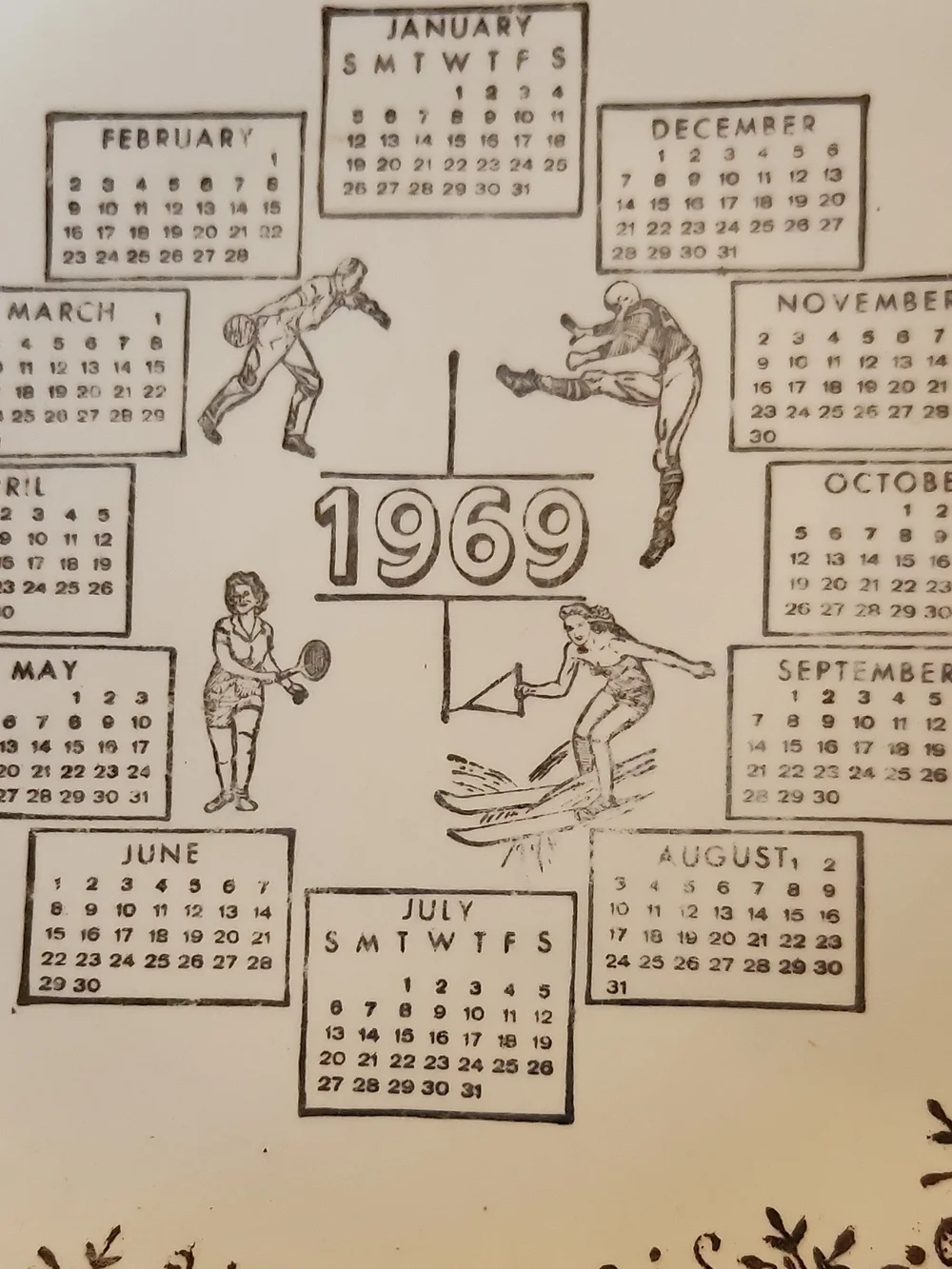 1969 Decorative Calendar Plate - Cream and Brown Accent